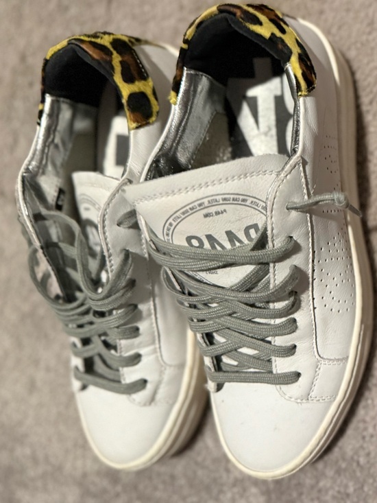 P448 Shoes - P448 White Sneakers with Gray Laces and Yellow Leopard Heel Accent